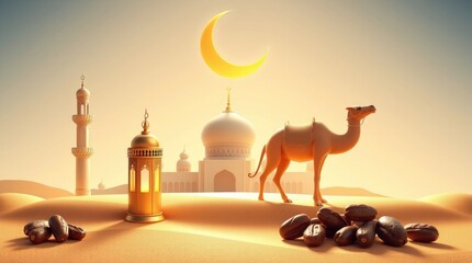 3D rendering. The scene depicts a modern Islamic banner for Ramadan, Eid al-Fitr, and Eid al-Adha. A detailed mosque, lantern, crescent moon, camel, and dates are featured. Profe 