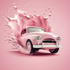 Retro pink car in splash. Minimal pastel background created with Ai tehnology.