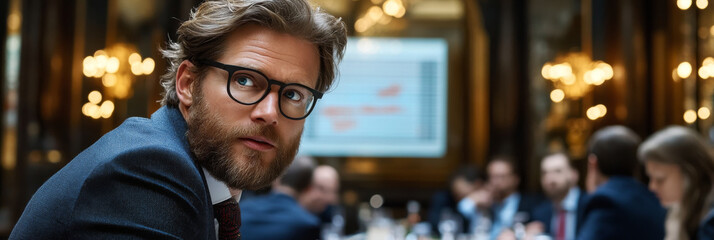 man with glasses and beard sits at formal dining table, looking thoughtfully at presentation in business setting. atmosphere is professional and focused