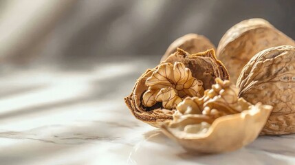Walnuts on marble, kitchen, healthy snack.