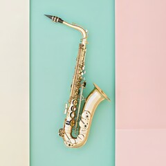Naklejka premium Golden saxophone displayed against a pastel background of soft mint green and pink panels. Modern, stylish design ideal for music or artistic concepts. AI generative.