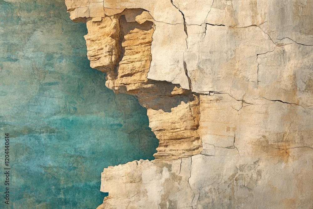 Poster a textured wall with a large crack revealing a contrasting layer of rock underneath, creating an abs