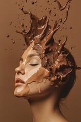Portrait of a woman with a chocolate splash face. Fashion concept for beauty make up and desert food. Mocha Mousse beige-brown background.
