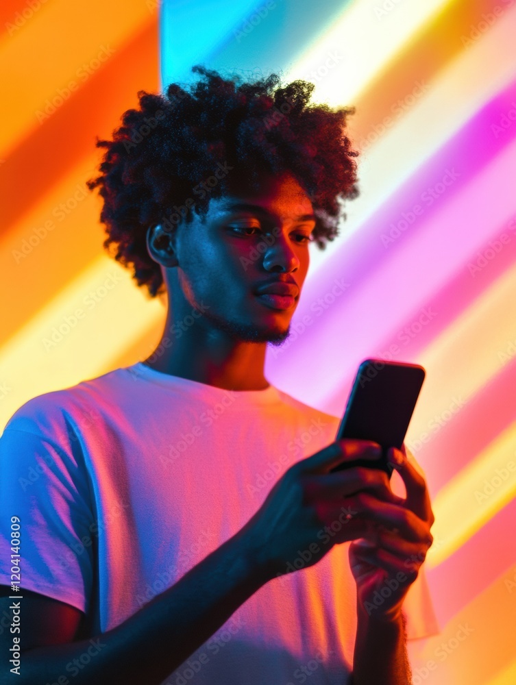 Aufkleber young man engages with smartphone amidst colorful vibrant light patterns in urban setting at night. 