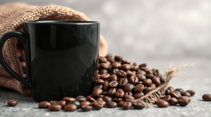 black Americano coffee cup and dark roasted coffee beans falling into a burlap sack against a gray background. The focus is sharp