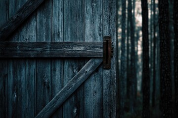 Old, dark wooden door slightly ajar reveals a mysterious, shadowy forest.