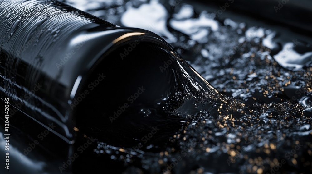Poster Water flowing over a shiny black surface creates dynamic reflections in soft light. Generative AI