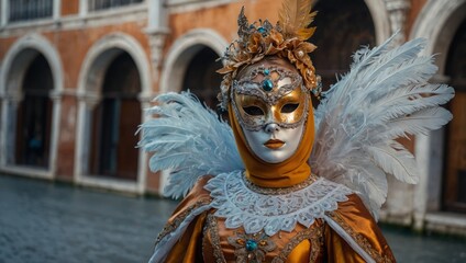 Fototapeta premium A woman stands at the heart of the Venice carnival. She wears a majestic costume with sweeping, delicate angel wings that shimmer, made of gossamer fabric and adorned with silver thread