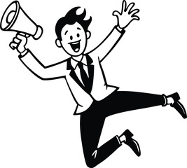 A man with a megaphone in his hand silhouette vector illustration, A Jumping style man with a megaphone in his hand line art vector, A man with a megaphone in his hand vector design