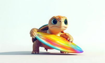 Cute cartoon turtle holding colorful surfboard.