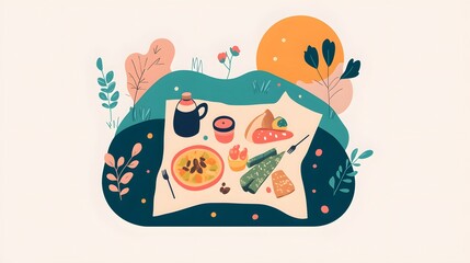 Naklejka premium Outdoor picnic feast scenic park illustration nature aerial view relaxation and enjoyment