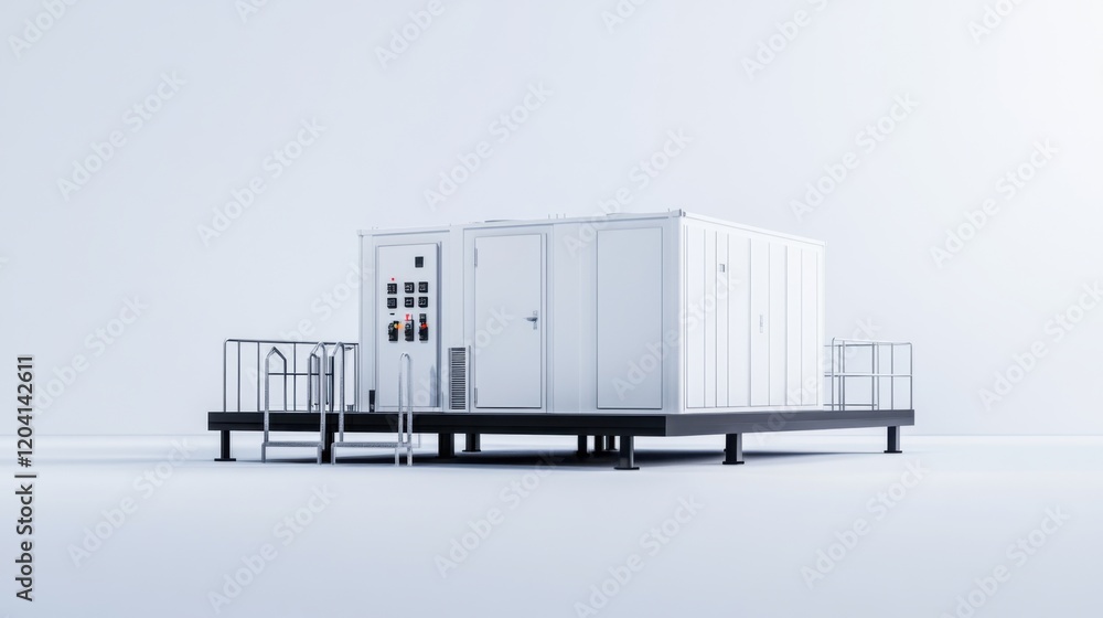 Poster modern modular outdoor equipment station on a raised platform with control panel and access stairs i