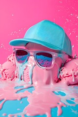 Summer scoop of ice cream with glasses and a beach hat in pink and blue. A creative idea of ​​refreshment.