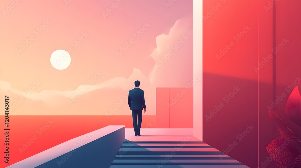 Poster man walking towards sunset over ocean modern architecture digital art tranquil setting perspective r