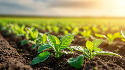 Fresh green plants growing in fertile soil under sunlight, symbolizing growth and agriculture