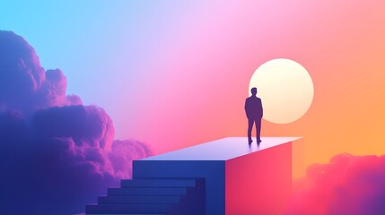 Contemplative moment on a stairway to the sunset digital art surreal landscape atmospheric view emotional journey