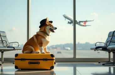Corgi dog sitting on yellow suitcase. Background airport lounge with window in background. Airplane going for landing outside window. Travel concept