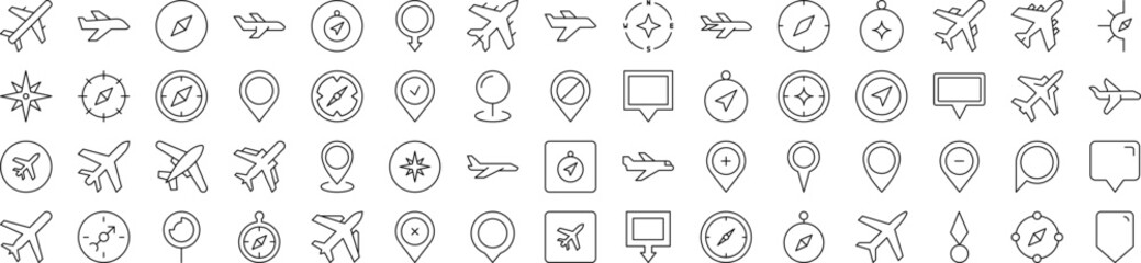 Plane, Map Pin, Compass Line Icon Collection. Outline Signs for Graphic and Web Design, Apps, Adverts, Various Cards
