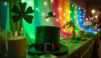 Decorative St. Patrick's Day celebration table with green leprechaun hat and candles