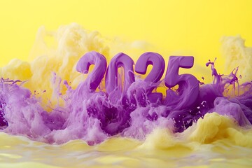 Splash written 2025 in purple on a yellow background. Minimal trendy Ai composition.