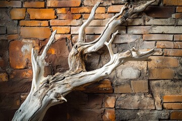 A weathered, white driftwood branch rests against a rustic, orange brick wall, creating a striking...