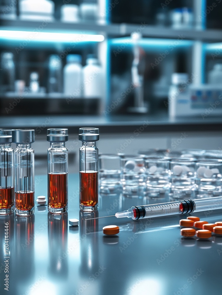 Aufkleber laboratory setting with vials, syringes, and medications during a research project in a modern facil