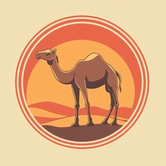 Camel in desert sunset, graphic illustration, for print or digital use