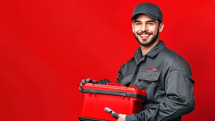 Smiling plumber in a charcoal uniform with red accents, holding a sturdy red toolbox. Black-to-red gradient for bold professional ads.