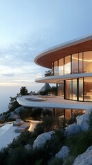 Fototapeta premium Modern architecture embraces nature at sunset overlooking a serene ocean view. Generative AI