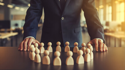 A close-up shot of an entrepreneur wearing a suit. He is standing at a desk with wooden toy people figures arranged in a circle, with his hands on top of the figures