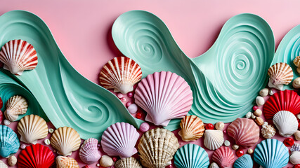 
shells in the waves of a stormy sea. dynamic illustration. sea ​​shell background