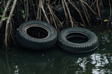 Obraz premium Old Tires Abandoned in Water Surrounded by Mangrove Roots, Highlighting Environmental Pollution and Neglect in Natural Ecosystems