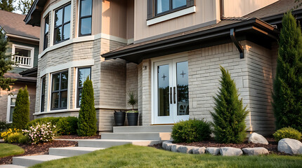 Fototapeta premium Luxury House Exterior: Modern Brick Home with Landscaping and Curb Appeal