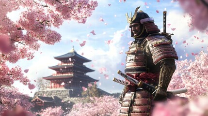 Samurai warrior standing amidst cherry blossoms near traditional Japanese temple during springtime. Generative AI