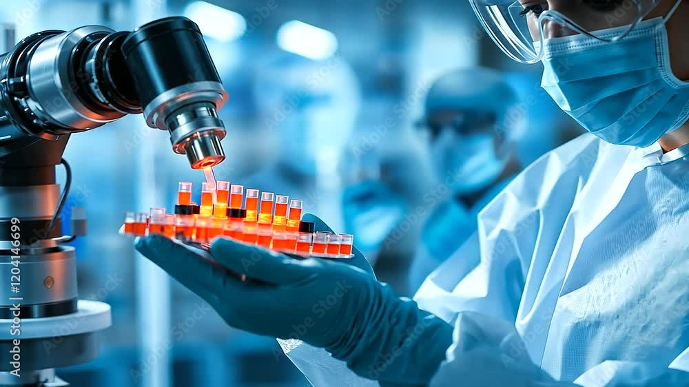 Aufkleber a worker in a protective suit and gloves programming a robotic arm for precise filling of medicine v