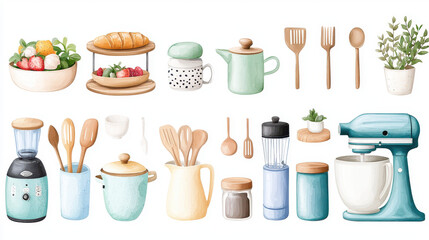 Kitchen utensils and food items in colorful, modern style. Includes bowls, utensils, mixer, and various kitchen tools, creating cheerful and inviting atmosphere