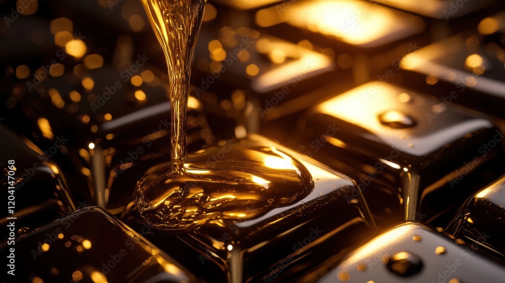 Aufkleber Liquid gold flowing over shining dark bars in a close up view during daylight. Generative AI