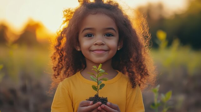 Little girl holding young plant. Ecology concept. Generation AI.