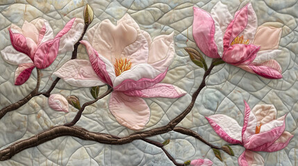 Embroidered magnolia blossoms on quilted background - perfect for craft blogs, home decor websites, textile art inspiration, and spring-themed greeting card designs