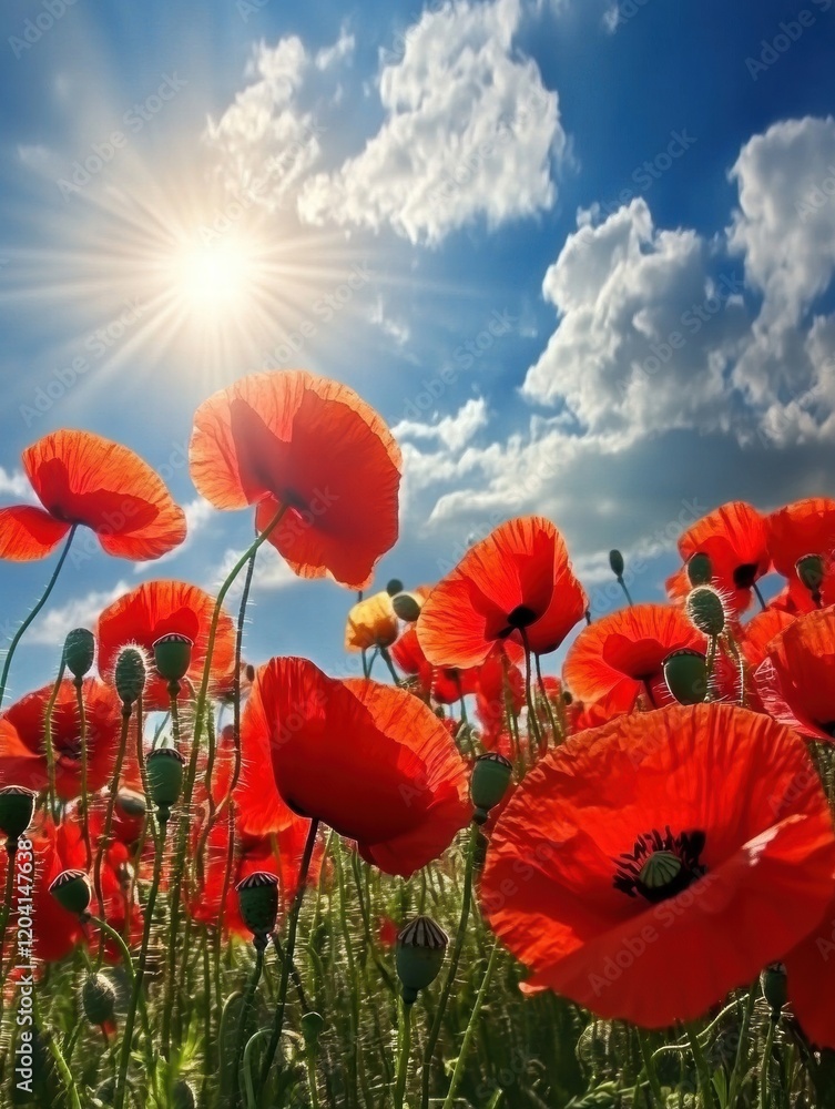 Aufkleber fields of vibrant red poppies bloom under a bright sun in a clear blue sky during springtime. genera