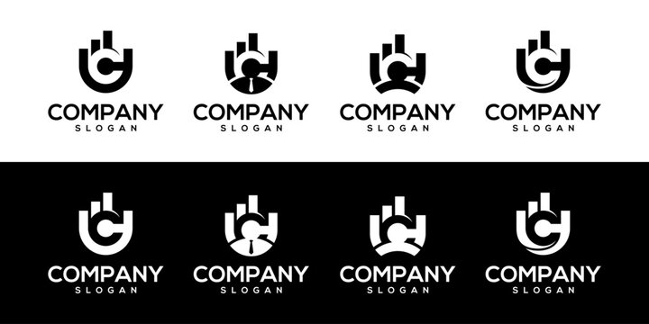 Marketing and finance business logo icon letter u or uc with bar chart and people.