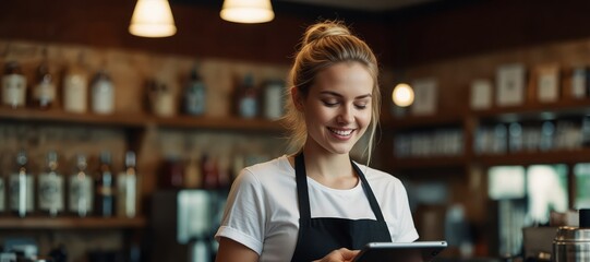 Waitress using digital tablet to view and manage orders in a coffee shop