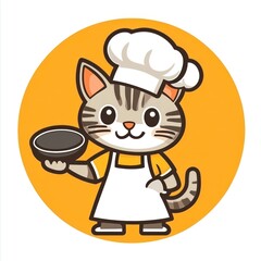 Cartoon cat chef holding dish,  cute, food, illustration
