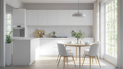 Fototapeta premium Image of Modern new light interior of kitchen with white furniture and dining table