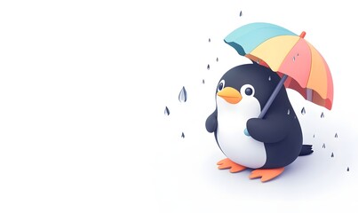Fototapeta premium Cute penguin holding colorful umbrella in rain.