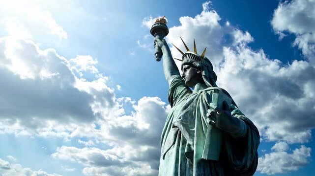 The iconic Statue of Liberty stands tall against a backdrop of bright blue skies and fluffy white clouds. The sunlight highlights its copper-green patina, symbolizing freedom and hope. A majestic view
