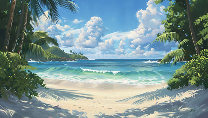 Palm tree on tropical beach with blue sky and white clouds abstract background