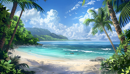 Palm tree on tropical beach with blue sky and white clouds abstract background