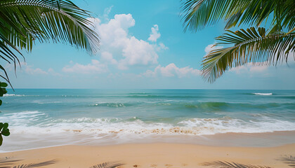 Palm tree on tropical beach with blue sky and white clouds abstract background