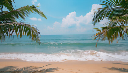 Palm tree on tropical beach with blue sky and white clouds abstract background